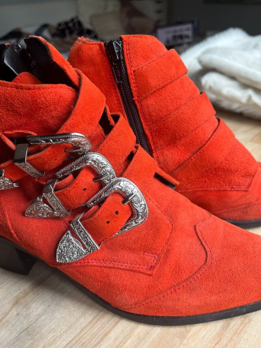 ASOS Orange Suede Western Buckle Ankle Boots